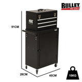 Bullet Pro 3 Drawer Tool Box Cabinet Trolley Storage, with 1-Door Toolbox Garage Organiser Set, Black - Low Angle