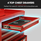 BULLET Pro 5 Drawer Tool Box Cabinet Chest Storage, with 1-Door Toolbox Garage Organiser Set, Red - Top-Down View