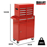 BULLET Pro 5 Drawer Tool Box Cabinet Chest Storage, with 1-Door Toolbox Garage Organiser Set, Red - Front View