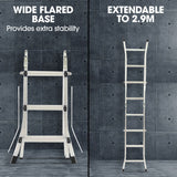 Bullet 2.9m Folding Aluminium Multipurpose Ladder, w/ Workshelf Platform, Spring Assisted Rapid Safety Lock Adjusters - Rear View
