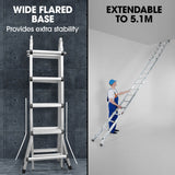 Bullet 5.1m Folding Aluminium Multipurpose Ladder, w/ Workshelf Platform, Spring Assisted Rapid Safety Lock Adjusters - Rear View