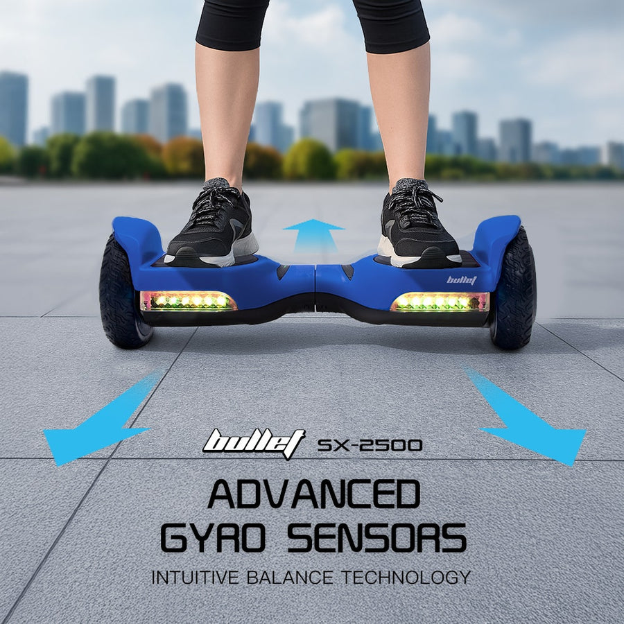 BULLET SX-2500 Hoverboard Scooter, 500W Brushless, UL Certified, AU Compliant, 6.5-inch Off-Road Style Tyres, Superior Self Balancing System, LED Lights, Blue