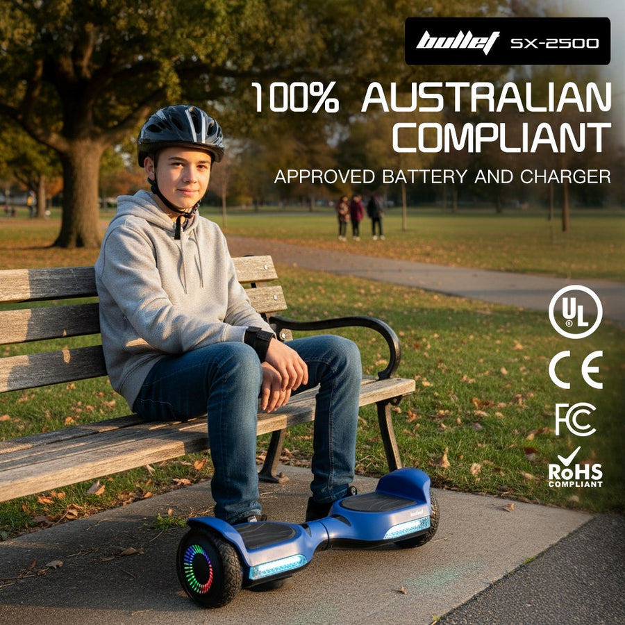 BULLET SX-2500 Hoverboard Scooter, 500W Brushless, UL Certified, AU Compliant, 6.5-inch Off-Road Style Tyres, Superior Self Balancing System, LED Lights, Blue