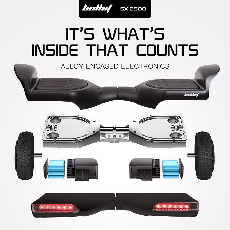 BULLET SX-2500 Hoverboard Scooter, 500W Brushless, UL Certified, AU Compliant, 6.5-inch Off-Road Style Tyres, Superior Self Balancing System, LED Lights, Black