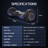 Bullet SX-2000 Hoverboard Scooter, 500W Brushless, Superior Self Balancing System, UL Certified, LED Lights, Black - Side View
