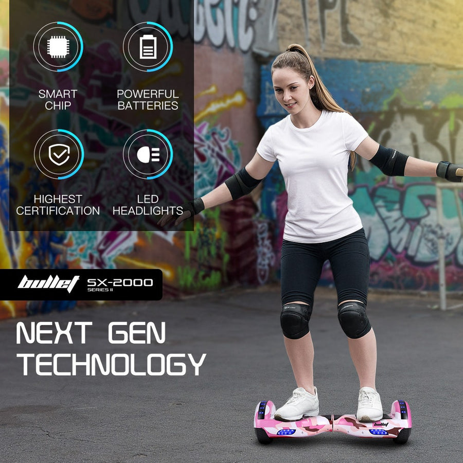BULLET SX-2000 Hoverboard Scooter, 500W Brushless, UL Certified, AU Compliant, Superior Self Balancing System, LED Lights, Pink Camo
