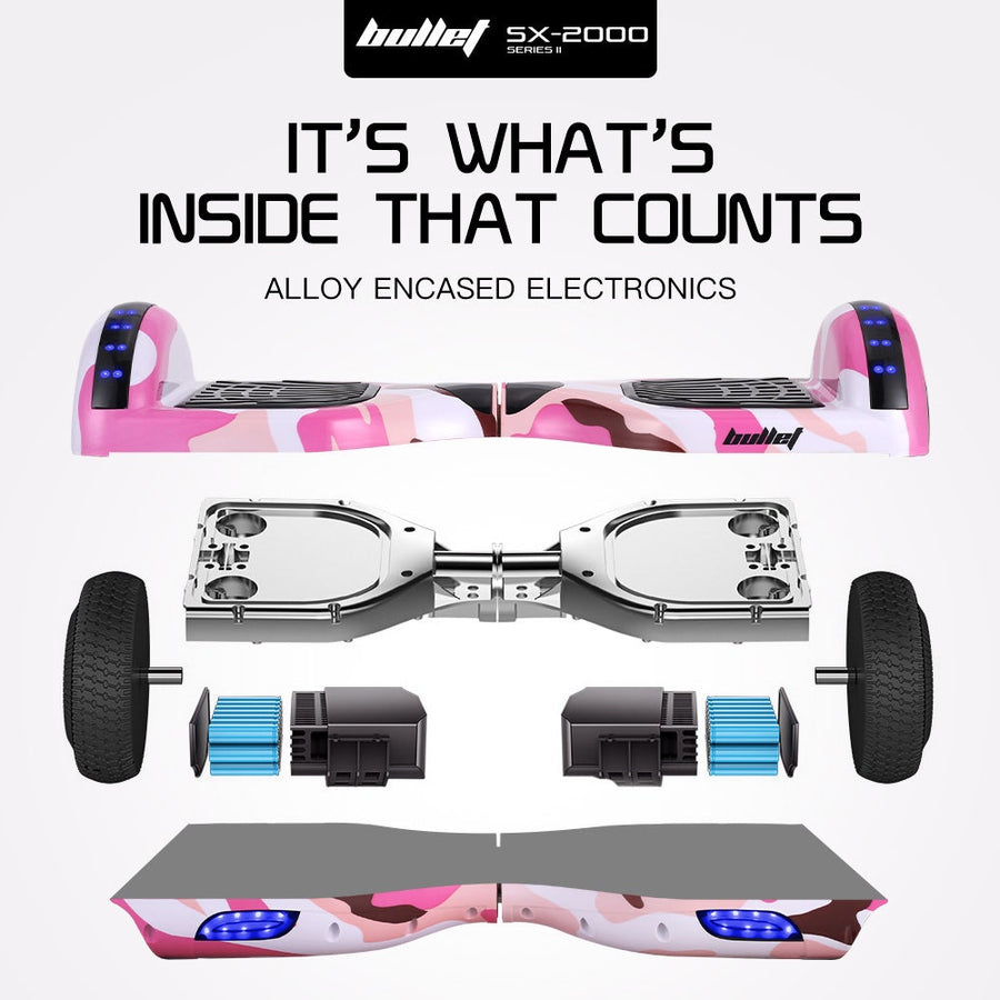 BULLET SX-2000 Hoverboard Scooter, 500W Brushless, UL Certified, AU Compliant, Superior Self Balancing System, LED Lights, Pink Camo