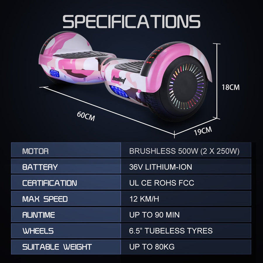 BULLET SX-2000 Hoverboard Scooter, 500W Brushless, UL Certified, AU Compliant, Superior Self Balancing System, LED Lights, Pink Camo