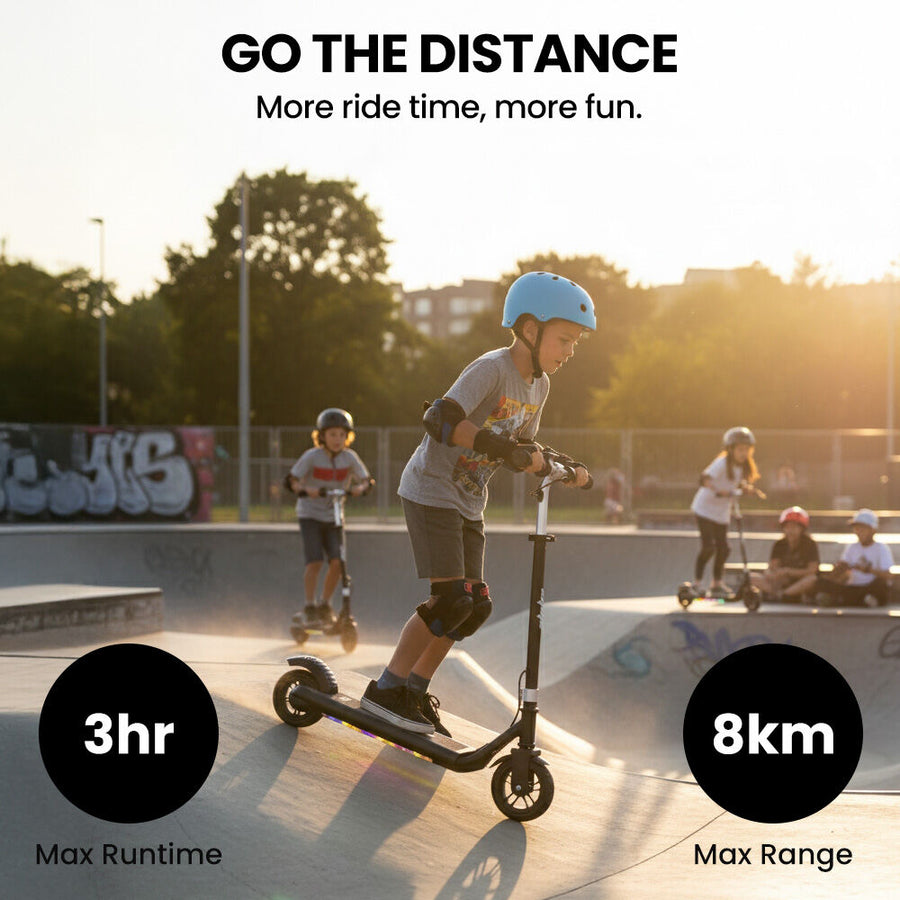 ALPHA Edge Electric Scooter Kids/Teens, 16km/h Max, Adjustable Height, UL Certified, AU Compliant, Dual Brakes, Bluetooth Music, LED, Black