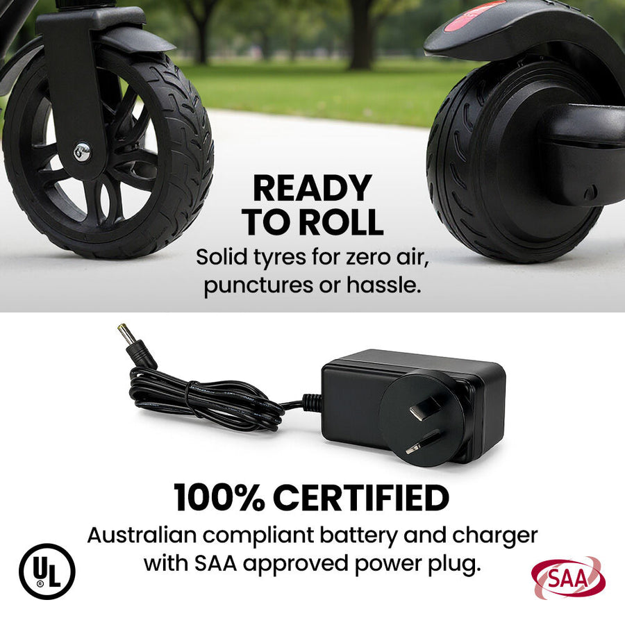ALPHA Edge Electric Scooter Kids/Teens, 16km/h Max, Adjustable Height, UL Certified, AU Compliant, Dual Brakes, Bluetooth Music, LED, Black