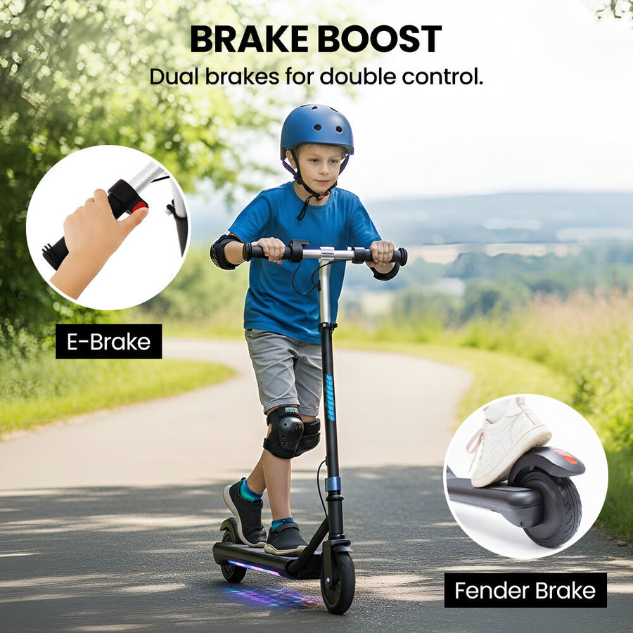 ALPHA Edge Electric Scooter Kids/Teens, 16km/h Max, Adjustable Height, UL Certified, AU Compliant, Dual Brakes, Bluetooth Music, LED, Blue