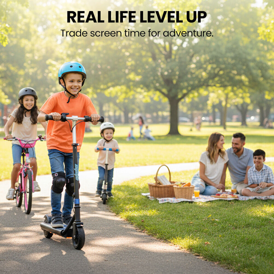 ALPHA Edge Electric Scooter Kids/Teens, 16km/h Max, Adjustable Height, UL Certified, AU Compliant, Dual Brakes, Bluetooth Music, LED, Blue