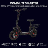 ALPHA Rover Electric Scooter with Seat, 500W 48V 25km/h 30km Range, 14-inch Tyres, Motorised Commuter eScooter for Adults, Black - Front View