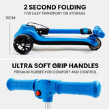 ROVO KIDS 3-Wheel Electric Scooter, Ages 3-8, Adjustable Height, Folding, Lithium Battery, Blue - Low Angle