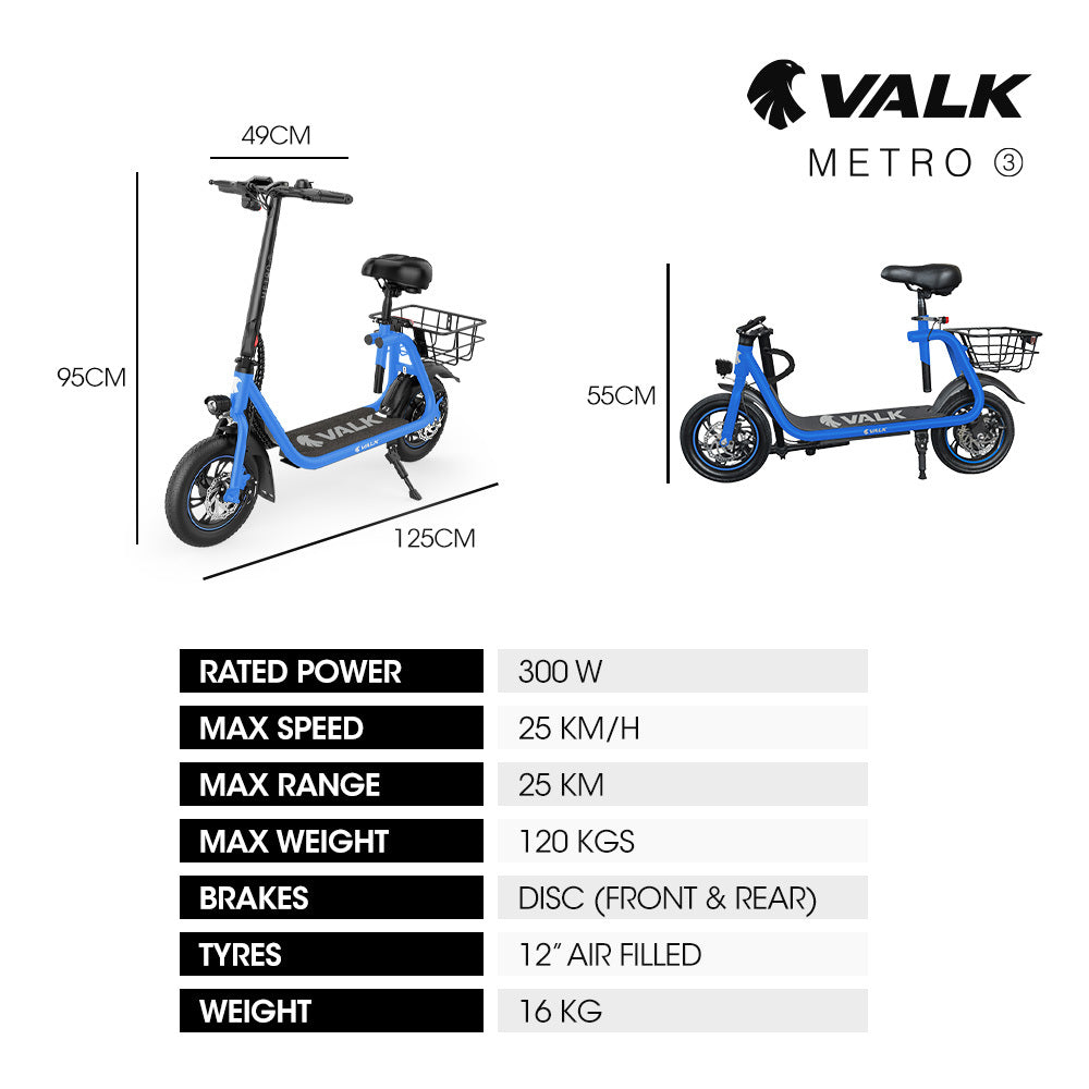VALK Electric Scooter with Seat, Disc brakes, 12 Tyres, Motorised eScooter for Adults Teens Commuter, Blue