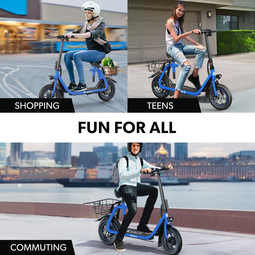 VALK Electric Scooter with Seat, Disc brakes, 12 Tyres, Motorised eScooter for Adults Teens Commuter, Blue