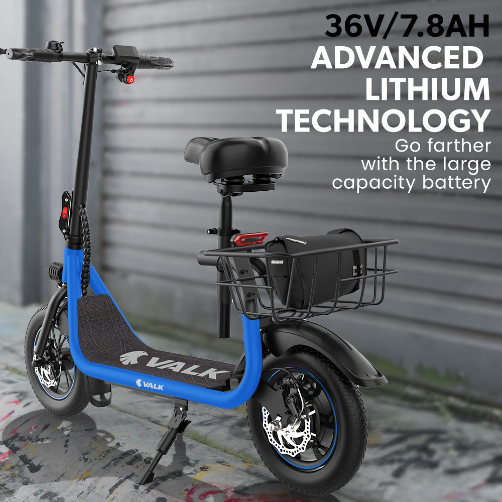 VALK Electric Scooter with Seat, Disc brakes, 12 Tyres, Motorised eScooter for Adults Teens Commuter, Blue