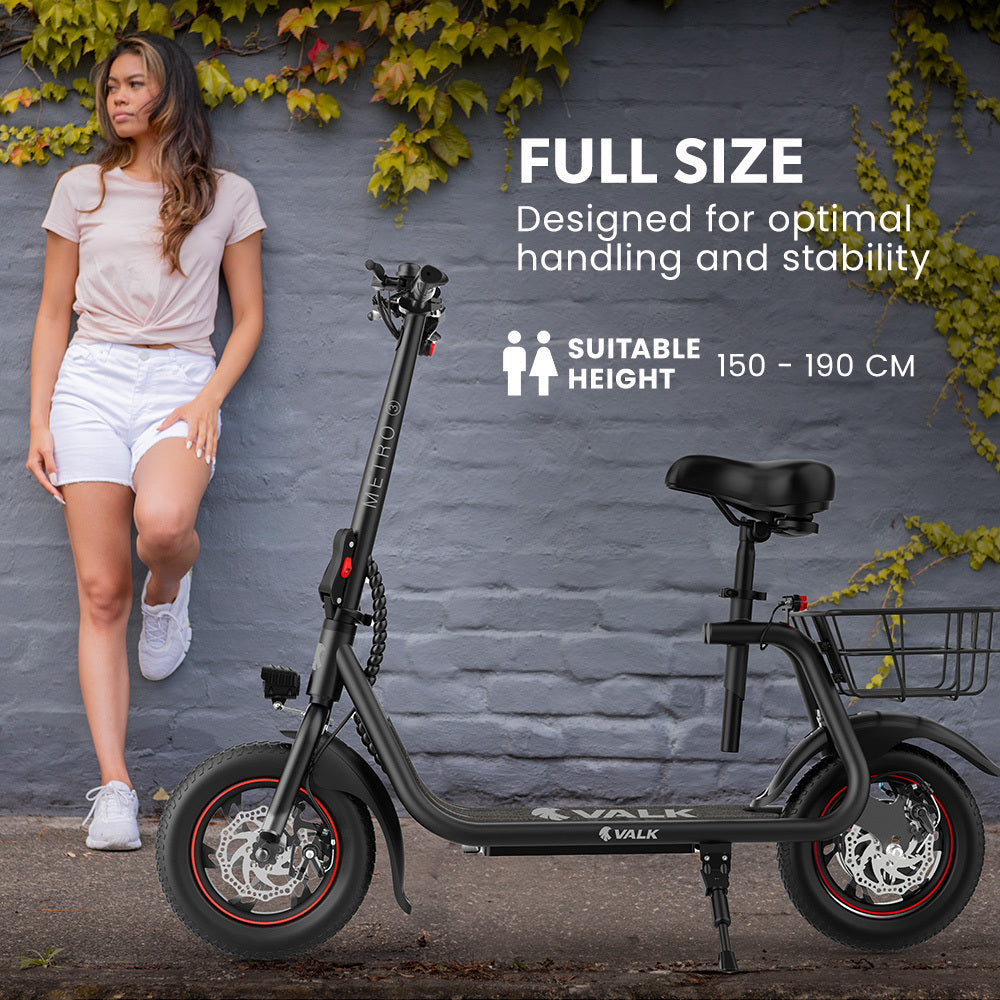 VALK Electric Scooter with Seat, Disc brakes, 12 Tyres, Motorised eScooter for Adults Teens Commuter