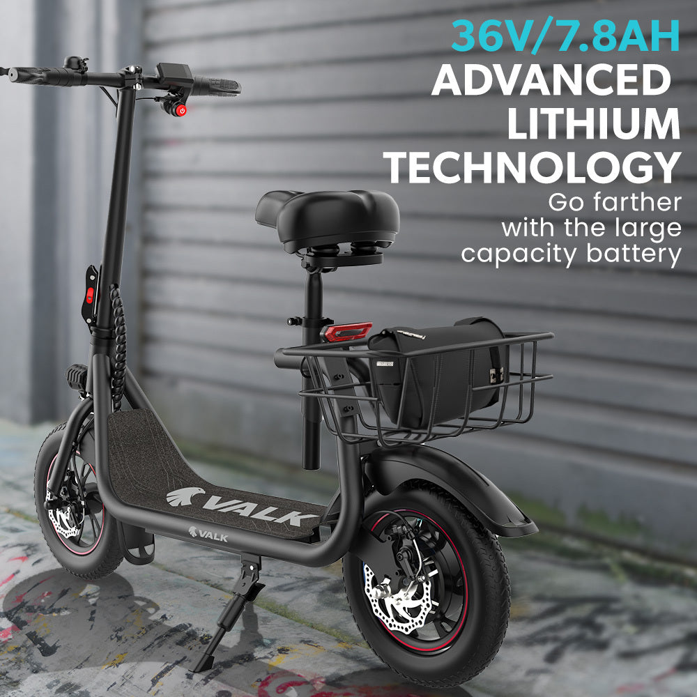 VALK Electric Scooter with Seat, Disc brakes, 12 Tyres, Motorised eScooter for Adults Teens Commuter