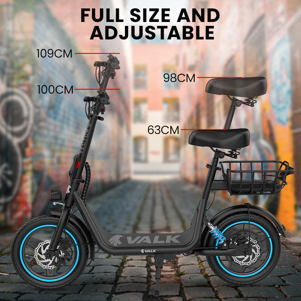 VALK Electric Scooter with Seat, 30km Range, Disc brakes, 14 Tyres, Motorised eScooter for Adults Teens Commuter