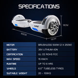 BULLET Hoverboard Electric Scooter 6.5 Inch Wheels Self Balancing Gen III White Free Carry Bag - Rear View