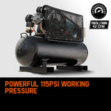 UNIMAC 115PSI 150L 7.5kW Industrial Electric Air Compressor, 15A Plug - Low Angle