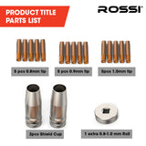 Rossi 18pc Welding Consumables Kit to Suit MIG/MAG 14-15AK Torch, Includes Tips, Shield Cups - Side View