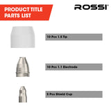 ROSSI 25pc Consumables Kit to Suit P-80 Plasma Cutter Torch, Includes Tips, Electrodes - Side View