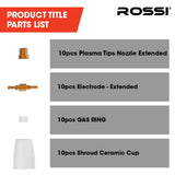ROSSI 40pc Consumables Kit to Suit PT-31 Plasma Cutter Torch, Includes Tips Nozzle Extended, Gas Rings - Side View