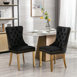 6x Velvet Dining Chairs with Golden Metal Legs-Black - Front View