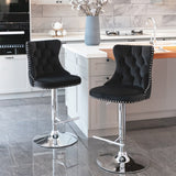 2x Height Adjustable Swivel Bar Stool Velvet Studs Barstool with Footrest and Chromed Base- Black - Extra Image