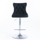 2x Height Adjustable Swivel Bar Stool Velvet Studs Barstool with Footrest and Chromed Base- Black - Top-Down View