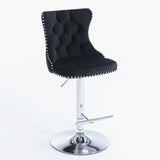 2x Height Adjustable Swivel Bar Stool Velvet Studs Barstool with Footrest and Chromed Base- Black - Side View
