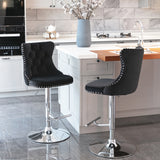 2x Height Adjustable Swivel Bar Stool Velvet Studs Barstool with Footrest and Chromed Base- Black - Low Angle