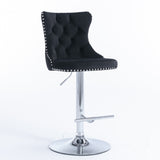 2x Height Adjustable Swivel Bar Stool Velvet Studs Barstool with Footrest and Chromed Base- Black - Front View