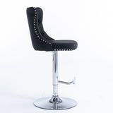 2x Height Adjustable Swivel Bar Stool Velvet Studs Barstool with Footrest and Chromed Base- Black - 45-Degree Angle