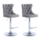 4x Height Adjustable Swivel Bar Stool Velvet Stud Barstool with Footrest and Chromed Base- Gray - Front View