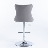 4x Height Adjustable Swivel Bar Stool Velvet Stud Barstool with Footrest and Chromed Base- Gray - Close-Up Angle