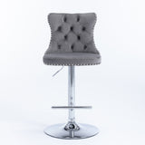 2x Height Adjustable Swivel Bar Stool Velvet Stud Barstool with Footrest and Chromed Base- Gray - Top-Down View