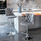 2x Height Adjustable Swivel Bar Stool Velvet Stud Barstool with Footrest and Chromed Base- Gray - Extra Image