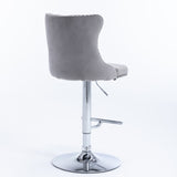 2x Height Adjustable Swivel Bar Stool Velvet Stud Barstool with Footrest and Chromed Base- Gray - Close-Up Angle