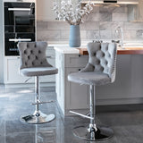 2x Height Adjustable Swivel Bar Stool Velvet Stud Barstool with Footrest and Chromed Base- Gray - Extra Image