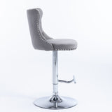 2x Height Adjustable Swivel Bar Stool Velvet Stud Barstool with Footrest and Chromed Base- Gray - 45-Degree Angle