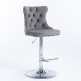 2x Height Adjustable Swivel Bar Stool Velvet Stud Barstool with Footrest and Chromed Base- Gray - Side View