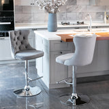 2x Height Adjustable Swivel Bar Stool Velvet Stud Barstool with Footrest and Chromed Base- Gray - Front View