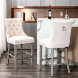 4X Velvet Bar Stools with Studs Trim Wooden Legs Tufted Dining Chairs Kitchen - Front View