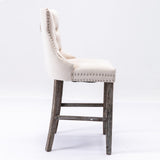 4X Velvet Bar Stools with Studs Trim Wooden Legs Tufted Dining Chairs Kitchen - Rear View