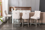 4X Velvet Bar Stools with Studs Trim Wooden Legs Tufted Dining Chairs Kitchen