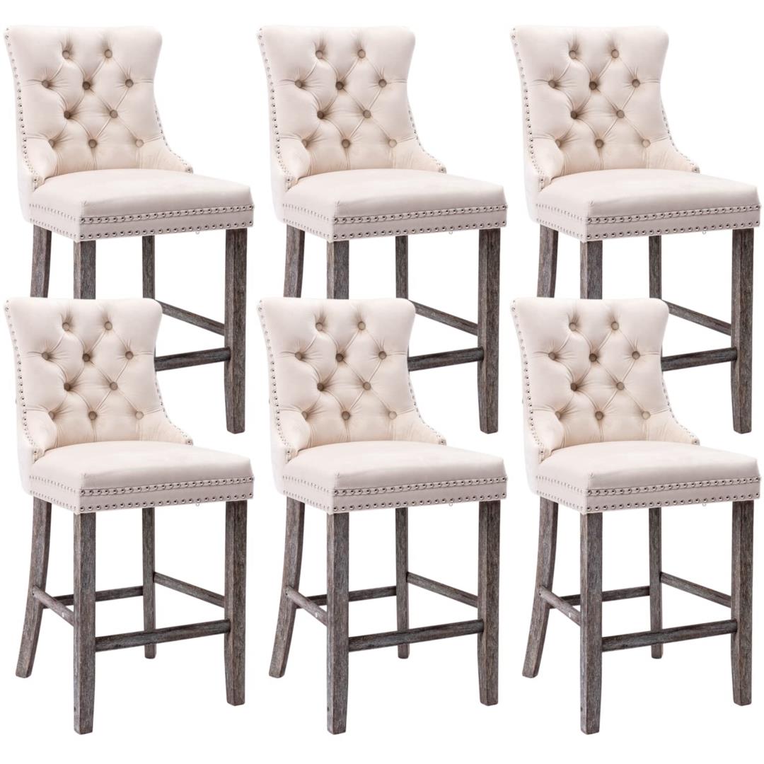 36X Velvet Bar Stools with Studs Trim Wooden Legs Tufted Dining Chairs Kitchen