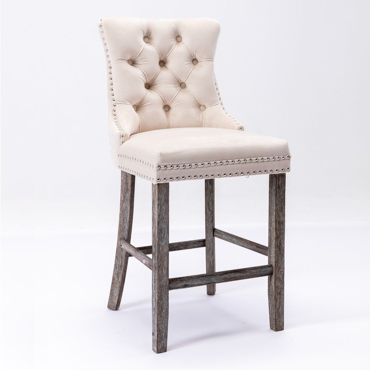 36X Velvet Bar Stools with Studs Trim Wooden Legs Tufted Dining Chairs Kitchen